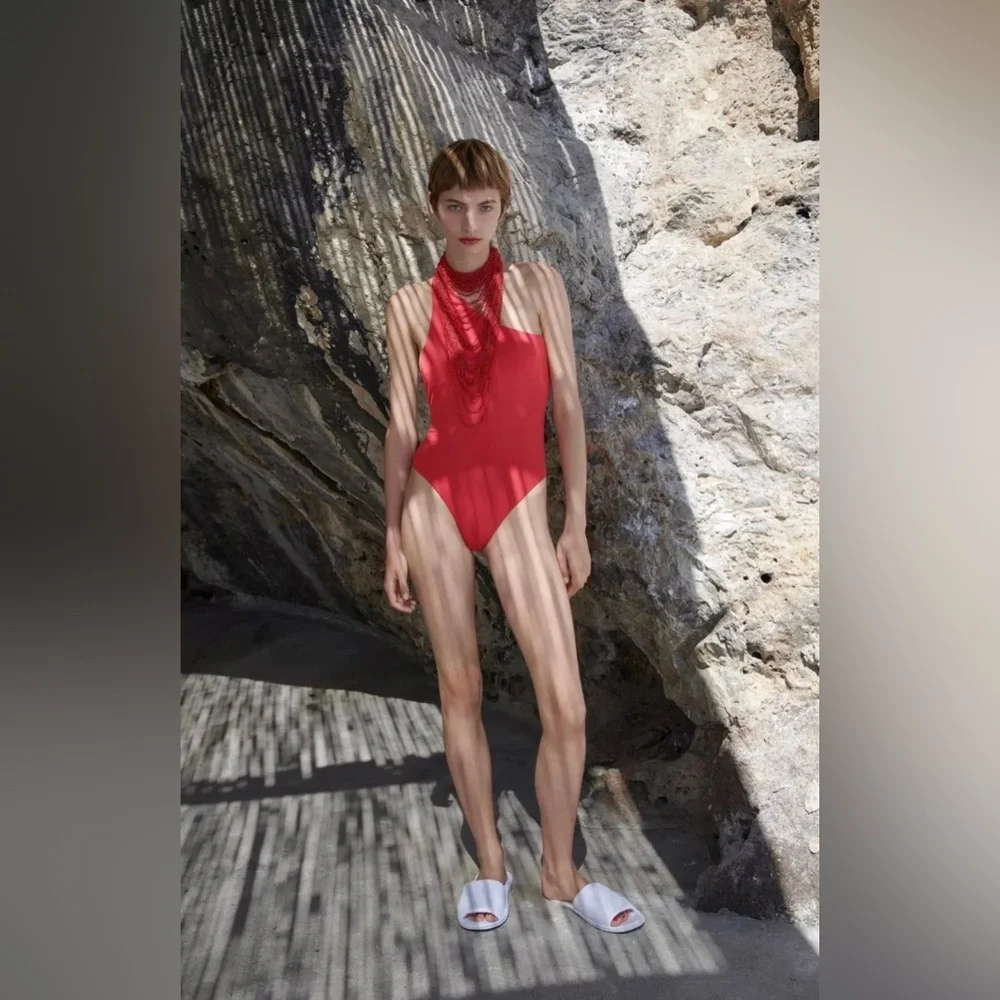 NWT Zara Coral Red Asymmetric One Piece Bathing Suit XL - Picture 2 of 5